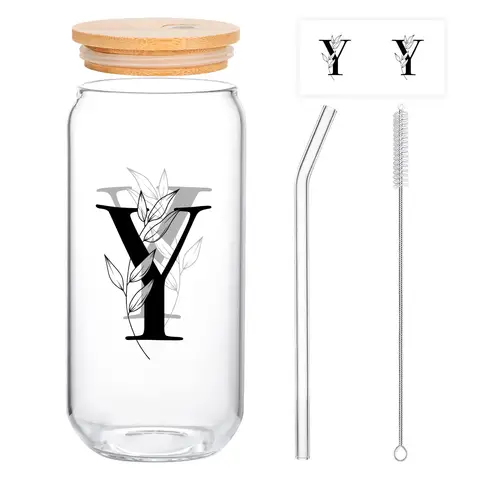 Alphynix 1pc Modern Glass Cup, 500ml Tall Iced Coffee Glass with Monogram "Y" Design, Bamboo Lid & Straw, Cold Drink Tumbler for Iced Tea, Juice, Boba