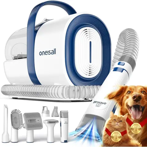 oneisall Aspirateur professionnel pour poils d’animaux, 12 000 Pa, avec 7 accessoires de toilettage, système de collecte ultra-silencieux de 1,5 L pour poils épais et longs