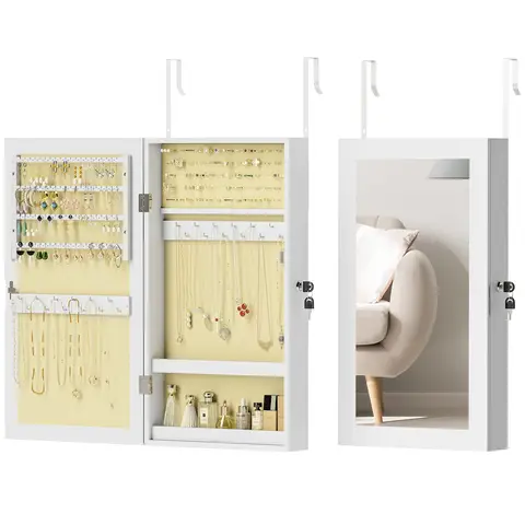 HOMCOM Wall-Mounted Jewelry Cabinet with Mirror, Lock and Multiple Compartments – Hang Over Door or Wall for Earrings, Necklaces, Rings, Bracelets – White with Cream Velvet Lining