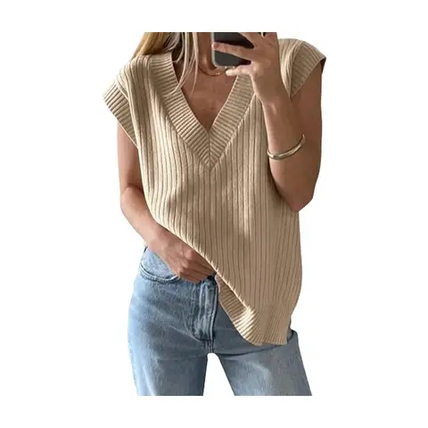Women's V Neck Sweater Oversized Vest Sleeveless Lightweight Summer Sweater Elegant (khaki, S)