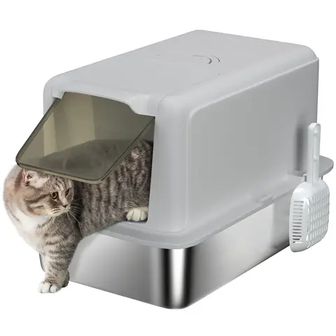 PawHut Stainless Steel Cat Litter Box, Extra Large Metal Cat Litter Tray with Lid, Scoop, Filter Bags, White Grey