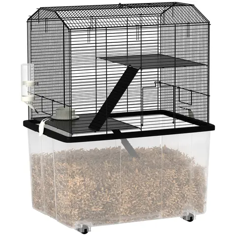 PawHut Hamster Cage, Gerbil Cage 3 Tier with Wheels, Deep Bottom, Ramps, Food Dish, Water Bottle, Syrian, 57 x 43 x 74cm - Black