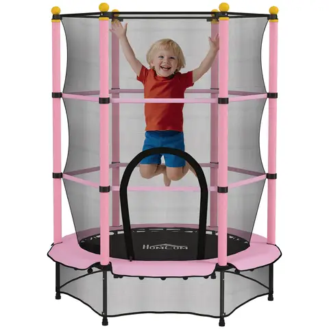 HOMCOM 55" Kids Trampoline with Enclosure Net, 4.6FT Toddler Trampoline Outdoor Indoor with Reinforced Steel Frame, for Ages 3-10 Years, Pink
