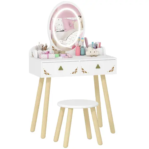 AIYAPLAY Kids Vanity Table and Chair Set, 2 in 1 Children Dressing Table with 3-Colour LED Lights Mirror, Drawer, Storage Boxes, Girls Makeup Desk Set for 3+ Years, for Playroom, Bedroom, White