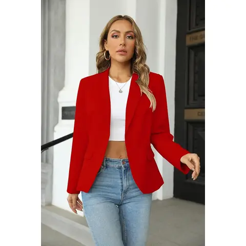 Women's Casual Blazers Long Sleeve Lapel Button Slim Work Office Blazer Jacket (Red， XXL)