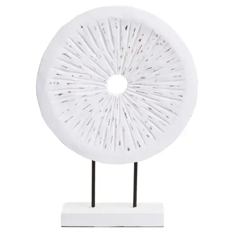 Fidel Distressed White Carved Wood Large Round Sculpture