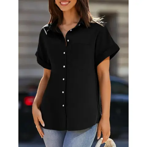 Women's Short Sleeve Shirts V Neck Collared Button Down Shirt Tops with Pockets (black, XL)