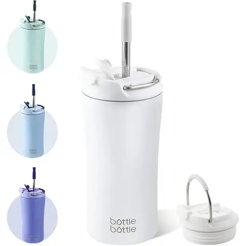 Bottle Bottle Eiskaffeebecher aus Edelstahl, 12 oz, doppelwandig, mit zweiseitigem Deckel (weiß), Neujahr-Aktion, Top-Geschenkideen