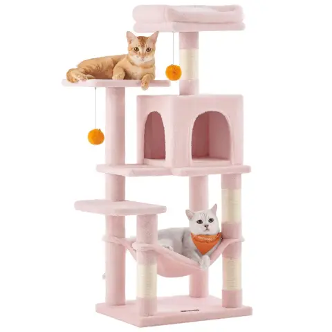 FEANDREA Cat Tree, Multi-Level Plush Cat Condo, 45×35×112cm, Jelly Pink