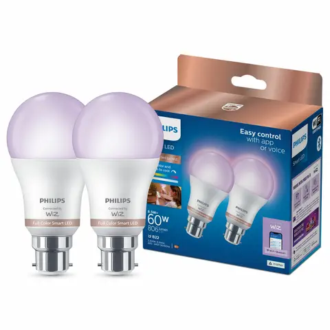 Philips Smart Light Bulb LED Globe Frosted Bayonet B22 Full Colour & Warm/Cool Spectrum 60W 2pcs