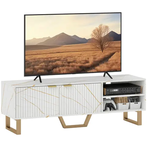 HOMCOM Marble Effect TV Unit, TV Stand Cabinet for up to 70" TVs, Modern TV Cabinet with Shelves and Storage Cupboard, Fluted