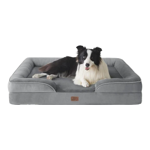 Orthopädisches Hundebett, ergonomisches Hundesofa, 89 x 63 cm, Hundecouch mit Eierschalen-Schaumstoff für mittelgroße Hunde, waschbar, rutschfeste Hundebetten, grau