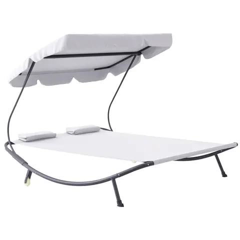 Outsunny Double Sun Lounger with Adjustable Detachable Canopy, Portable Garden Daybed for 2 with Wheels, Outdoor Sunbed Hammo