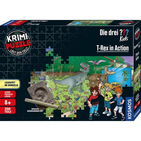 Kosmos Die drei ??? Kids - Krimi-Puzzle - T-Rex in Action von KOSMOS 680657, 200 Teile, leuchtet im Dunkeln, Lesen, Puzzeln, Rätsel lösen, Detektiv-Puzzle für Kinder ab 8 Jahren, Silber