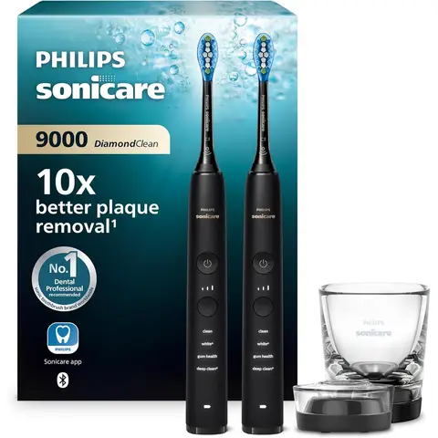 Philips Sonicare DiamondClean 9000 elektrische Zahnbürste, Schallzahnbürste mit App, Andruckkontrolle, 4 Putzmodi, 3 Intensitätsstufen, Ladeglas, Schwarz, Zweierpack, HX9914/54