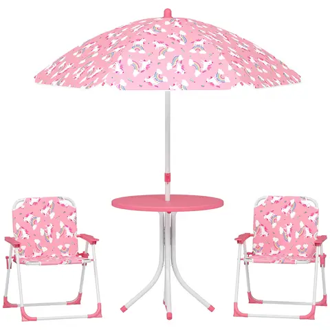 AIYAPLAY Kids Patio Table and Chair Set, Kids Garden Furniture with 2 Folding Chairs and Removable Umbrella, Unicorn Theme Portable 4-Piece Bistro Set for Garden, Pink