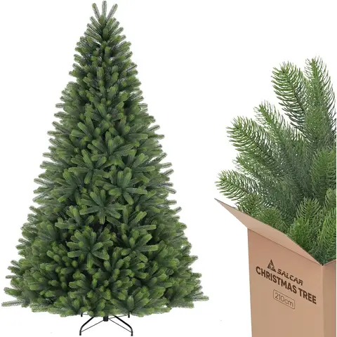 SALCAR Sapin de Noël Artificiel 100% polyéthylène moulé par Injection - 210 cm - avec Pointes de Branches en 1080 polyéthylène - Élégant Sapin Nordmann - Gants et Support en métal Inclus
