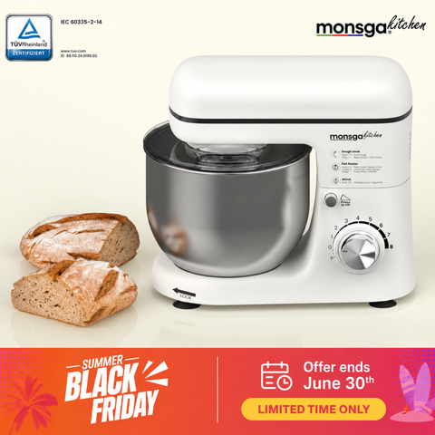 Monsga SM100 Stand Mixer, 1000W, Cream White, 5.0L Stainless Steel Mixing Bowl, Quiet, with Whisk, Super Non-Stick Teflon Dough Hook (260°C Heat Resistant), Beater & Splash Guard, 8 Speed Settings