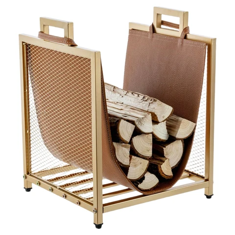 MyGift Moderner Feuerholzständer aus Metall in Goldoptik mit brauner Lederimitat-Holzhalterung, Drahtgitterdesign und Tragegriffen, kompakter Holzscheit- und Anzündholz-Aufbewahrungsständer