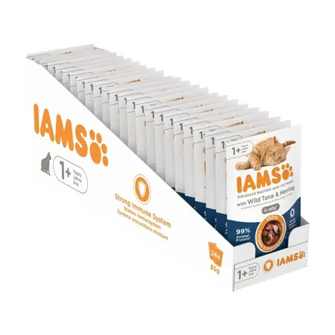 IAMS Delights Katzenfutter Nass mit Thunfisch & Hering in Gelee - Multipack für Erwachsene Katzen, 24 x 85g