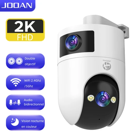 JOOAN Caméra de surveillance 2K IP66 étanche avec double zoom Wi‑Fi double (2,4 G) et 5G, vue 360° en coloris nocturne avec enregistrement 24/7 et suivi automatique