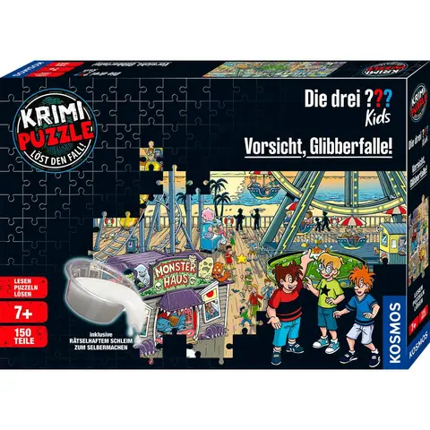 KOSMOS 683474 Krimi Puzzle Die drei ??? Kids Vorsicht Glibberfalle, 150 Teile, Schleim selbermachen, Lesen, Puzzeln, Rätsel lösen, für Kinder ab 7 Jahre, Detektiv Puzzle mit Die drei Fragezeichen Kids