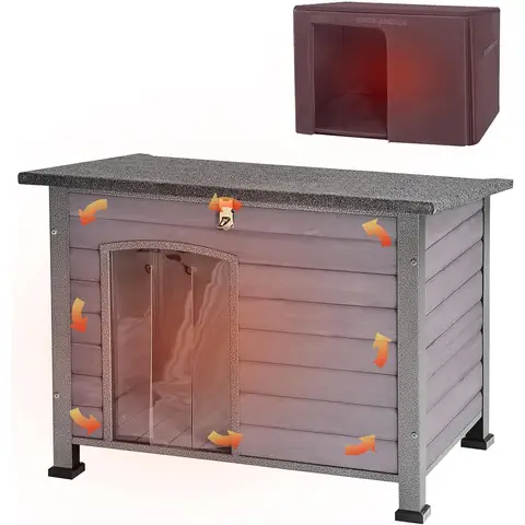 Aivituvin Hundehütte für drinnen und draußen, winterfeste Holzhundehütte, geeignet für kleine, mittelgroße und große Hunde, einzigartiger vollständig umschlossener Stahlrahmen (Grau, L mit Isolierung)