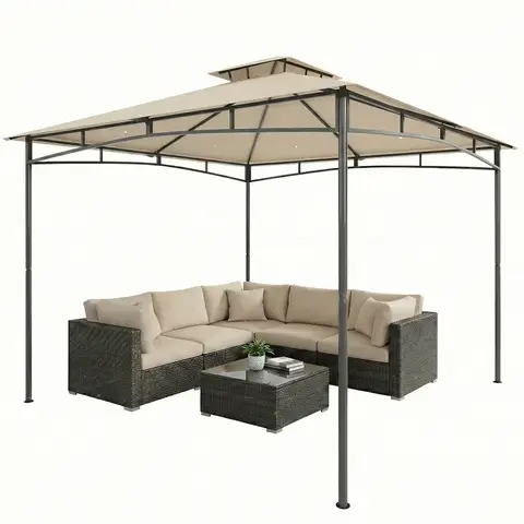 Outsunny 3 x 3 m Gazebo, Garden Gazebo with 2-Tier Roof, Metal Frame, Adjustable Roof Struts, Weather-Resistant Outdoor Canopy Tent for Garden, Patio, Camping, Picnic, Instant Event, Khaki