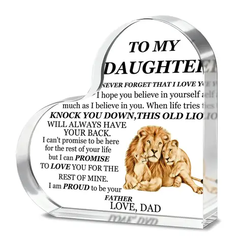 Alphynix 1pc Heart Acrylic Plaque, "TO MY DAUGHTER - This Old Lion Will Always Have Your Back" Gift with Lion Family Design, Father's Promise Keepsake for Daughter