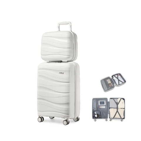 kono 2-Piece White Lightweight Polypropylene Hard Shell Suitcase Set with TSA Lock Spinner Wheels Travel Carry On Hand Cabin Luggage and Beauty Case