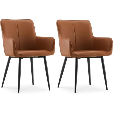 CLIPOP Set of 2 Faux Leather Dining Chairs with Arms and Metal Legs, Living Room Armchair with Upholstered Back for Counter Breakfast Dining Room Reception 0653 brown 58*69*86 cm