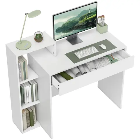 HOMCOM Desk with Storage, Computer Desk with 3 Open Shelves and Drawer, Workstation, Computer Table for Home Office, Living Room, 100 x 40 x 90 cm, White