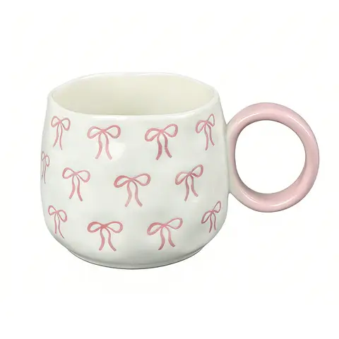 400ml Ceramic Mug with Pink Bow Pattern, Gift Box Included, Women’s Coffee Cup, Elegant Design