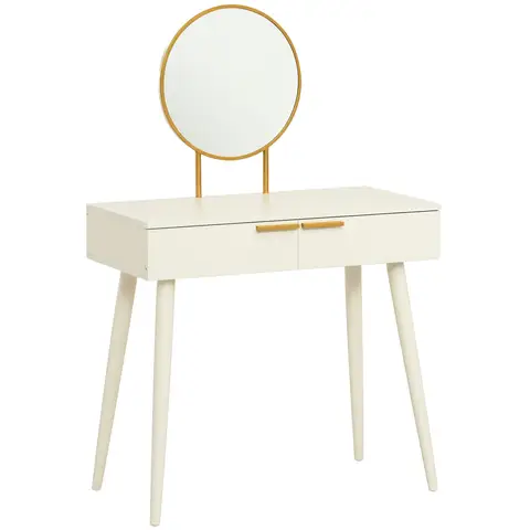 HOMCOM Modern Dressing Table with Round Mirror, Makeup Vanity Table with 2 Drawers for Bedroom, Living Room, 80 x 40 x 123 cm, White