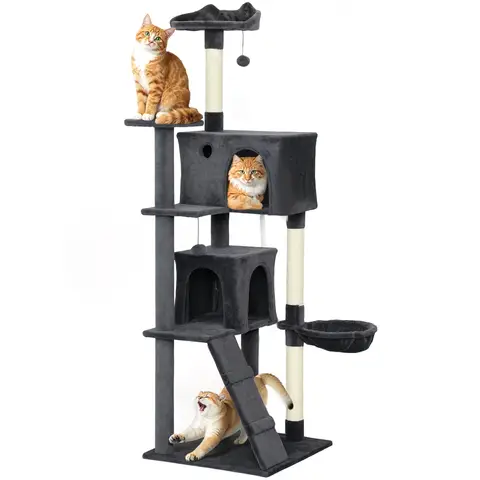 PawHut 180cm Cat Tree, Multi-Level Large Cat Tower with 3 Sisal Scratching Posts, Condos, Plush Perches, Hammock, Ladder, Dangling Balls, Kitten Activity Centre for Kittens Playing Relaxing, Dark Grey