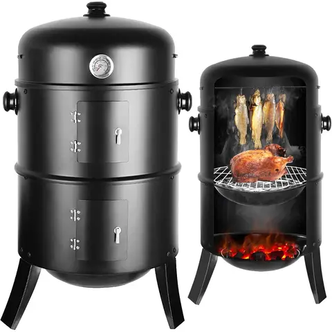 Smoker, Holzkohlegrill, mit Deckel & Thermometer, 2 Edelstahl-Grillroste, 2 Emaille-Wasserauffangschalen