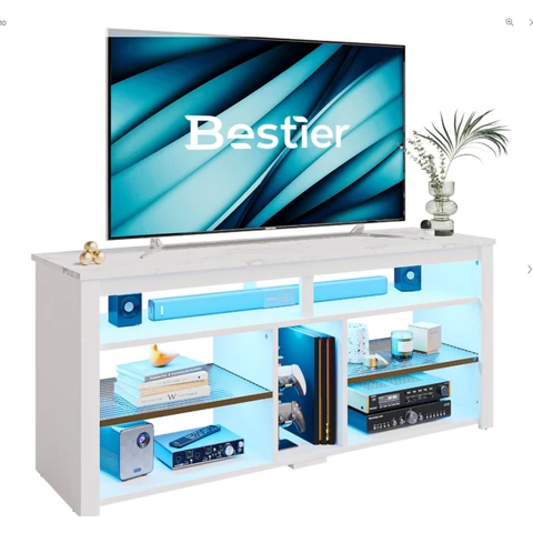 Bestier Lowboard TV-Schrank, Sideboard, Gaming-TV-Board mit LED-Beleuchtung (Breite 140 cm Fernsehtisch, 1 Stück, TV-Ständer für 55/60/65 Zoll Fernseher), Medien-TV-Schrank mit verstellbarem Regal, Weißer Marmor/Schwarz