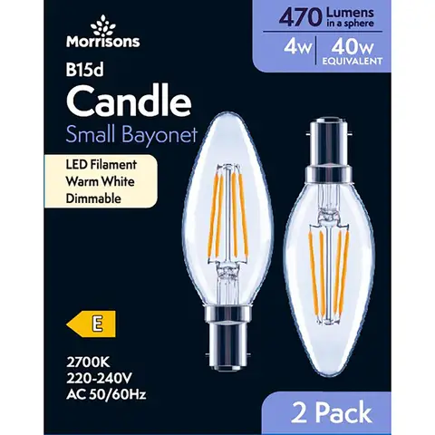 Morrisons Light Bulb LED Candle Filament Bayonet B15d Warm White 4W 470 Lumens Dimmable 2pcs