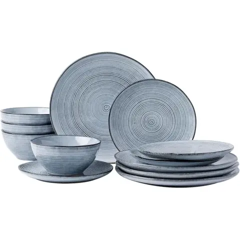 Richmount Tempus 12-teiliges Geschirrset, Unregelmäßig geformte Wirbelsteinzeug-Teller und Schalen Set, Geschirrsets für 4, Speiseteller/Dessertteller/Suppenschale, Glasiertes Keramikgeschirr, PearlBlue