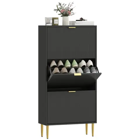 HOMCOM Meuble à chaussures 18 paires, armoire à chaussures étroite moderne avec 3 tiroirs rabattables, portes cannelées et étagères réglables, pour couloir et entrée, 60 x 24 x 122,5 cm, noir