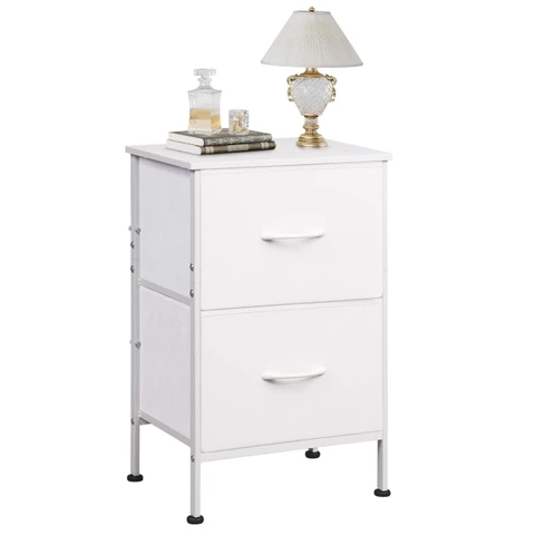 WLIVE Bedside Table, 2 Fabric Drawers Cabinet & Metal Frame, with Easy Pull Handle, Wood Top and Sturdy Steel Frame for Bedroom, Living Room (White)
