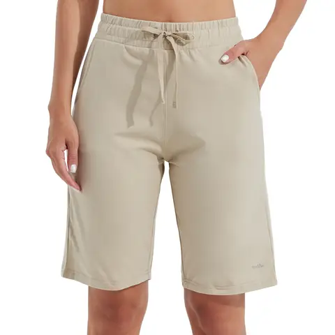 Willit Women's Shorts 10" Bermuda Cotton Long Shorts Yoga Workout Lounge with Pockets khaki XL