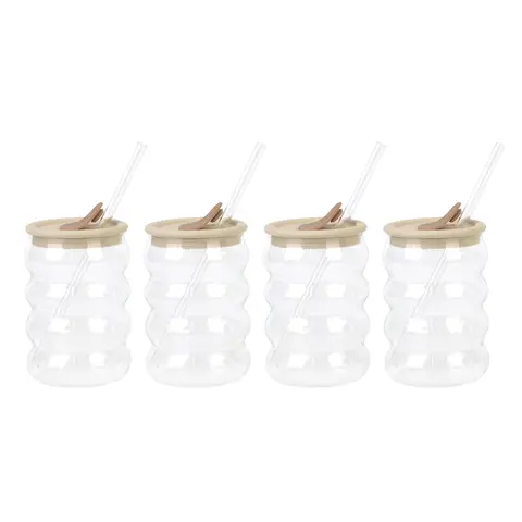 MEOKY Lot de 4 gobelets monobrin en forme de nuage, pailles en verre réutilisables avec embout en silicone et couvercle, gobelets en verre borosilicate haute résistance