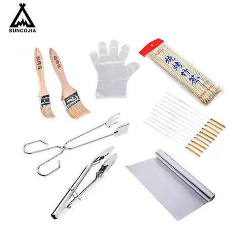 SUCOJIA Ensemble complet d’ustensiles de barbecue | Gants jetables, pinceau à huile en bois, pinces à viande et à aliments, set de brochettes de barbecue, papier aluminium | Accessoires de barbecue essentiels, pour les amateurs de barbecue