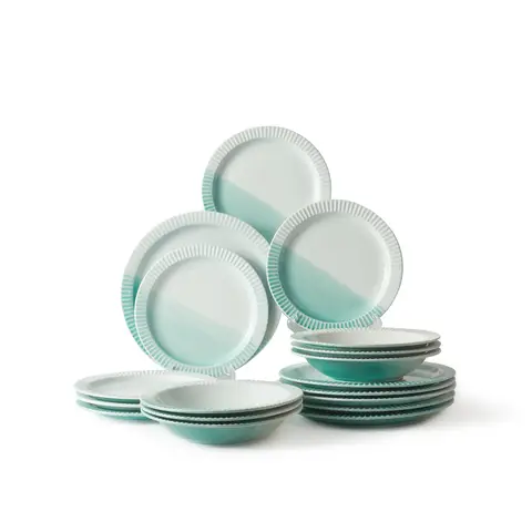 JIWOO Collins Geschirr-Set 18-teilig Grün Ombre，(6 Stück 8,5-Zoll-Suppenteller + 6 Stück 8,5-Zoll-Essteller + 6 Stück 10-Zoll-Essteller) ， Spülmaschinen- und mikrowellengeeignet