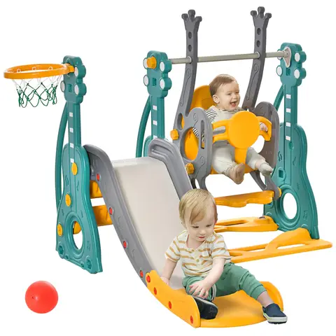 HOMCOM 3-IN-1 Kids Swing and Slide Set with Basketball Hoop Slide Swing Adjustable Seat Height Toddler Playground Activity Center Indoor and Outdoor Play Equipment