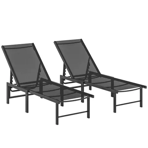 Outsunny Sun Loungers for Garden Set of 2, 5-Level Adjustable Reclining Sun Lounger Chairs, Flat Garden Lounger Sunbed with Texteline Seat, Steel Frame for Patio, Beach, Black