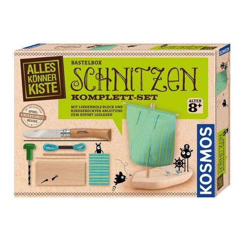 KOSMOS 604608 AllesKönnerKiste Schnitzen Komplett-Set, mit Kinder-Schnitzmesser, Lindenholz-Block, Boot selber schnitzen, Schnitz-Set, Bastel-Set für Kinder ab 8 Jahre