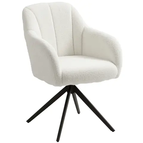 HOMCOM 360 Degree Swivel Accent Chair, Teddy Fleece Fabric Armchair, Upholstered Tufted Vanity Chair with Steel Legs for Living Room, Bedroom, Home Office, White