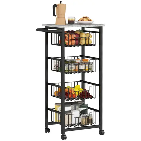 HOMCOM 4-Tier Kitchen Island on Wheels, Rolling Kitchen Storage Trolley with 4 Pull-Out Mesh Baskets, Mobile Utility Serving 